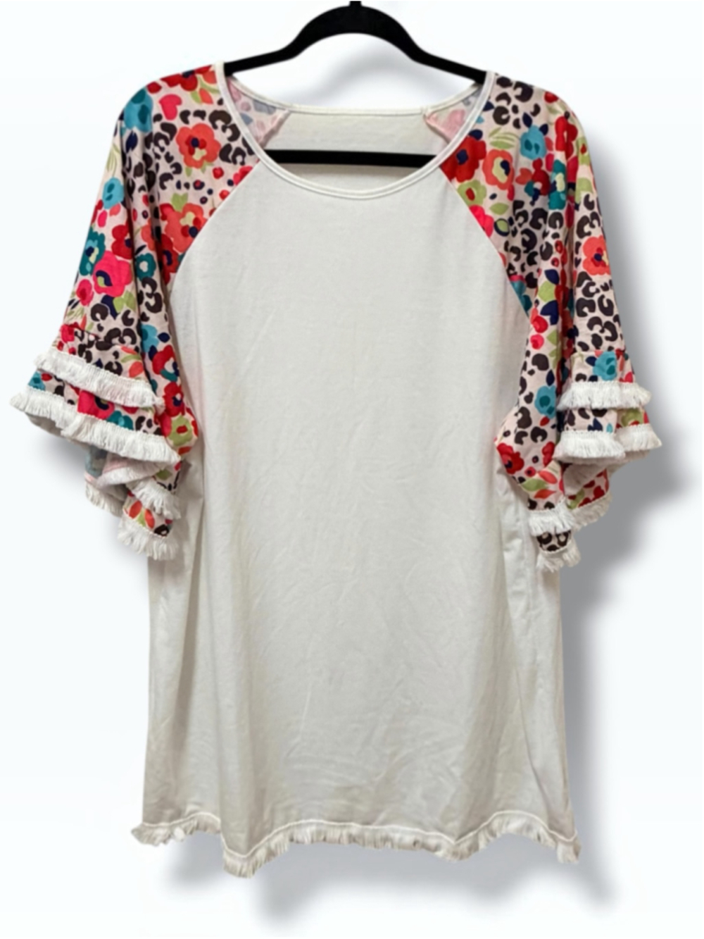 Women’s Boutique Floral Leopard Print Fringe Boho Tunic Top Plus 2XL